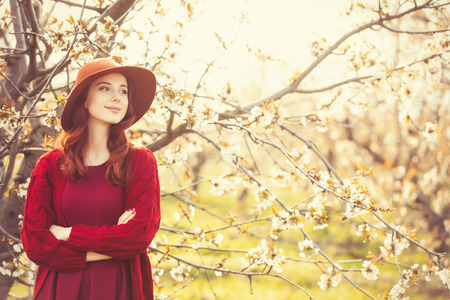 Portrait of a beautiful redhead women in red sweater and hat in blossom apple tree garden in spring...