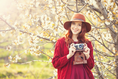 Portrait of a beautiful redhead women in red sweater and hat with camera in blossom apple tree garden in spring time on sunset.の写真素材