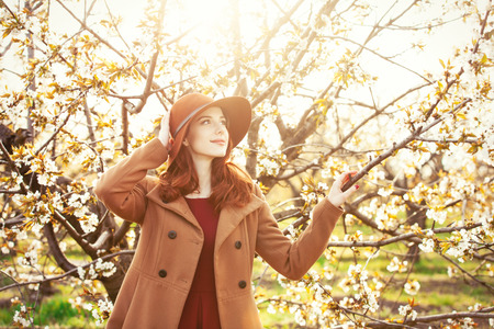 Portrait of a beautiful redhead women in coat and hat in blossom apple tree garden in spring time on sunset.の写真素材