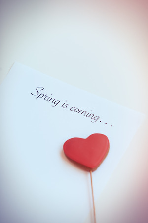 Paper with words Spring in coming and heart shape cookieの写真素材