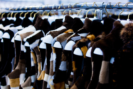 photo of the beautiful fur vests on the hangersの写真素材