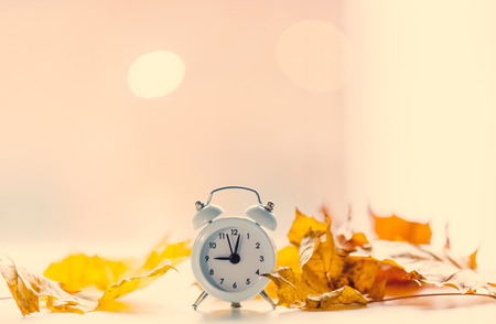 Vintage alarm clock with leaves and bokeh