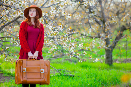 beautiful young woman with suitcase on the wonderful blooming trees backgroundの写真素材