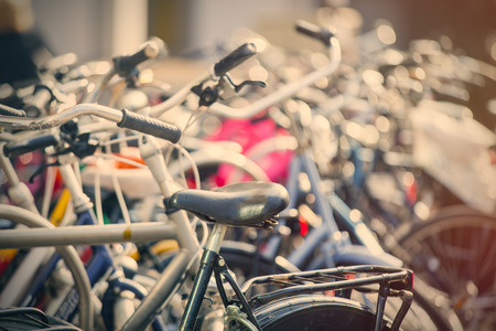 beautiful view on bicycles on parking places close upの写真素材