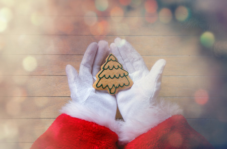Santa Claus holding Chrstmas cookie on wooden background with bokehの写真素材