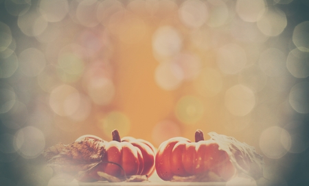 Two pumpkins and leafs on yellow autumn backgroundの写真素材