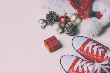 photo of the beautiful Christmas decorations, red gumshoes and giftの写真素材