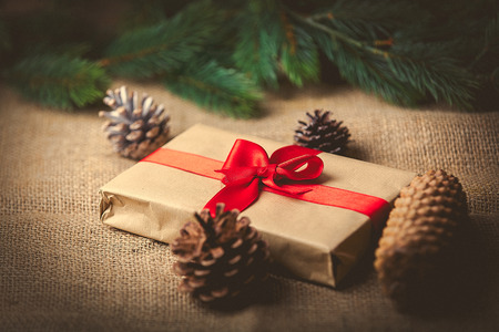 Christmas gift and pine cones on jute backgroundの写真素材