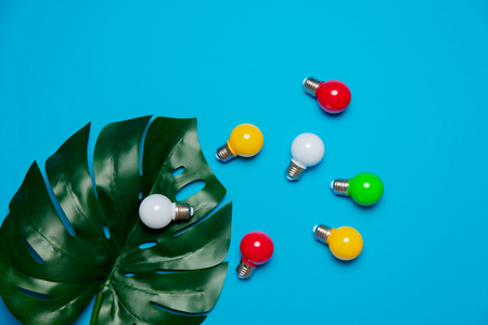 colored lightbulbs and green palm leaf on blue backgroundの写真素材