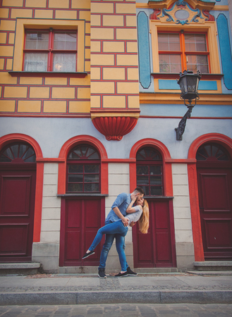 Young couple kissing on the street. Wroclaw, Polandの写真素材