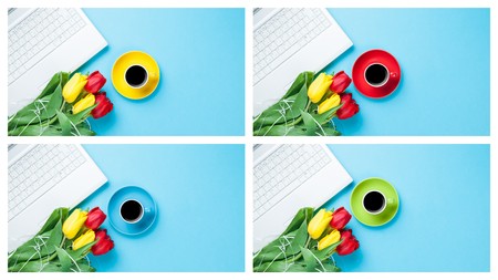 Collage of four images with tulips, cup of coffee and notebook on blue backgroundの写真素材