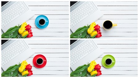 Collage of four images with tulips, cup of coffee and notebook. Above view