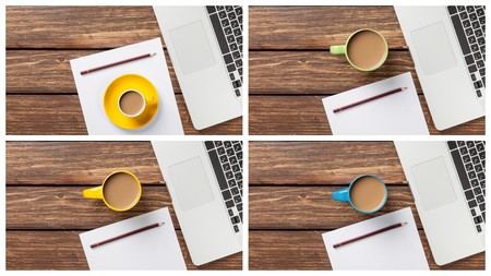 Collage of four images of cup with coffee and office computer on wooden table.の写真素材