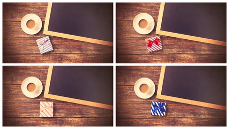Collage in four images of cup of coffee with gift and blackboard on wooden backgroundの写真素材