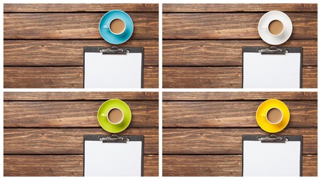 Collage of four images of cup with coffee and office plank on wooden table.の写真素材