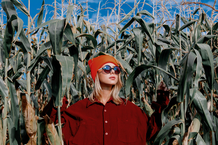 Young girl in sunglasses and shirt in cornfieldの写真素材