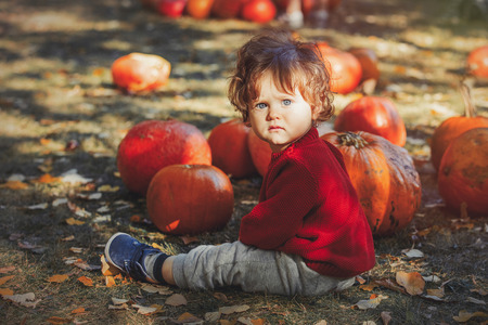 A little toddler boy sitting on lawn with a pumpkins in october. Autumn season time
