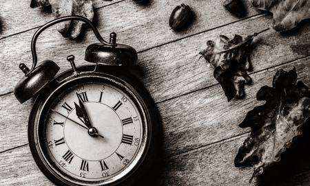 photo of the beautiful alarm clock and fallen leaves on the brown wooden backgroundの写真素材