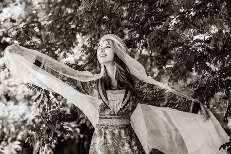 Medieval lady at outdoor. Image in black and white color styleの写真素材