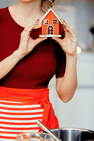 young housewife holding house toy while cooking Christmas dinner in the kitchen in red apron.の写真素材