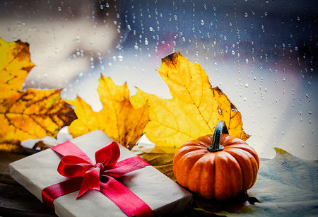 Gift box and maple leaves near window with rain drops.の写真素材