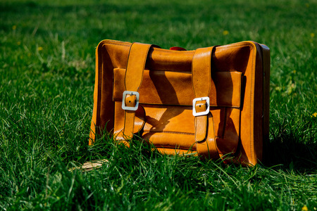 Vintage suitcase for travel on green spring meadow.の写真素材