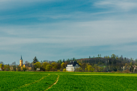 Old church and palace near forest and green spring wheat field on foreground.の写真素材