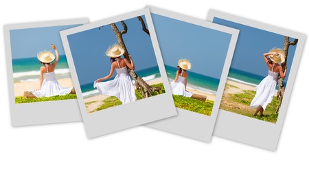 Collage of a yong woman in hat and white dress near the ocean. Back viewの写真素材