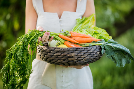 Young woman with vegetable basket at spring time outdoorの写真素材