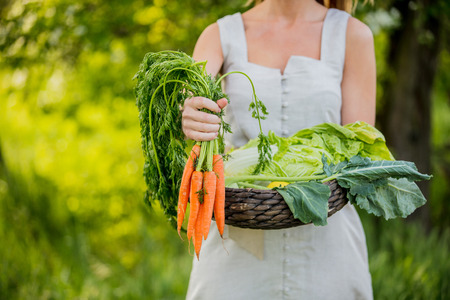 Young woman with vegetable basket at spring time outdoorの写真素材