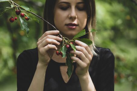 Young girl in a black dress gathering a harvest of cherry tree. Side viewの写真素材