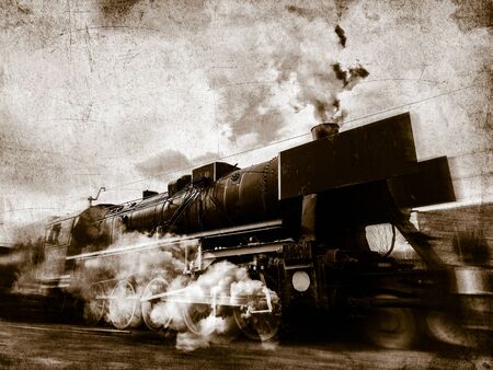 vintage trains with a steam on the move. Photo in old image color style
