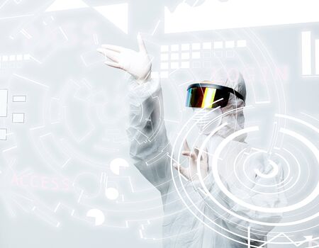 scientist doctor in VR glasses work with it