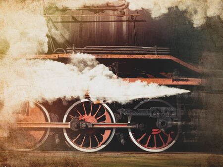 vintage trains with a steam on the move. Photo in old image color styleの写真素材