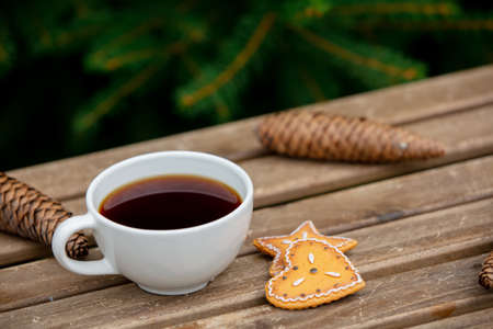cup of coffee and teddy bear on wooden table with spruce branches on backgroundの写真素材