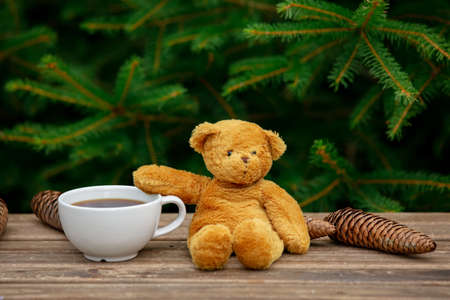 cup of coffee and teddy bear on wooden table with spruce branches on backgroundの写真素材
