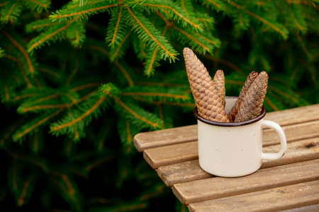 Cup of coffee and books with Santa Claus hat on wooden tableの写真素材