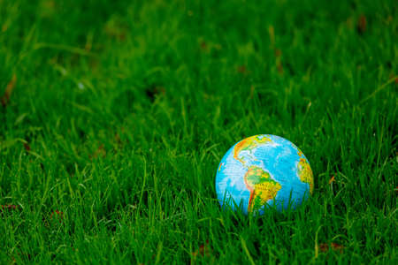 Earth globe on green grass with autumn leavesの写真素材