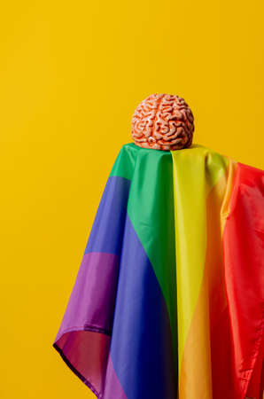 Human brain and LGBT flag on yellow background