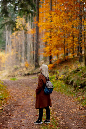 woman in cloak and backpack is walks through the woods in autumn