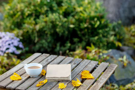 Cup of coffee and a book on wooden table in garden