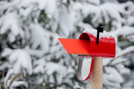 Red envelope in mailbox in a snow near pine tree in winterの写真素材