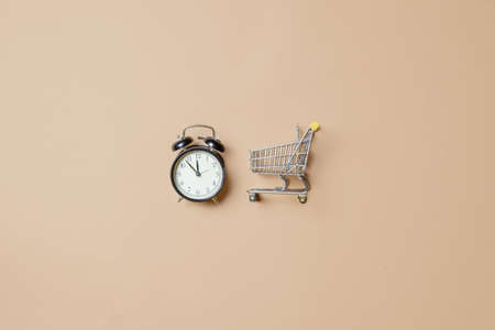 metal little shopping cart and black alarm clock on stark white background. Top viewの写真素材