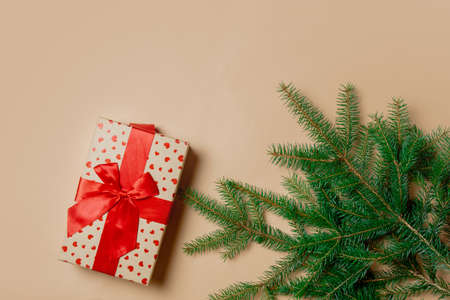 Holiday gift box with spruce branches on stark white color background. Above viewの写真素材