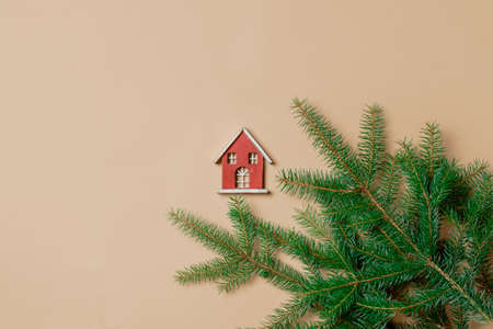 Little toy house and spruce branch on stark white color background. Above viewの写真素材