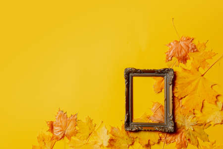 Picture frame and maple leaves around on yellow background. Top viewの写真素材
