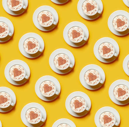 set of cups of coffee in a diagonal direction on a yellow background