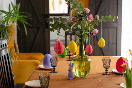 real table paper eggs decoration for Easter. Indoorの写真素材