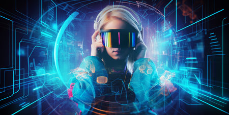 Blonde in VR glasses and headphones on pink backgroundの写真素材