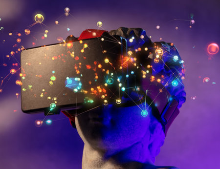 David bust with VR glasses and purple lightの写真素材
